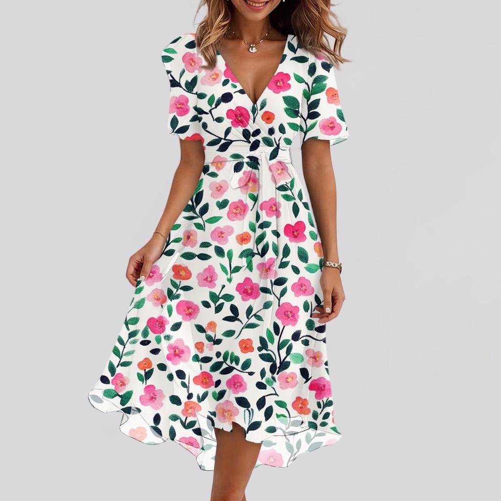 Dámské módní ležérní šaty s výstřihem do V, krátkým rukávem, volánky a vintage potiskem