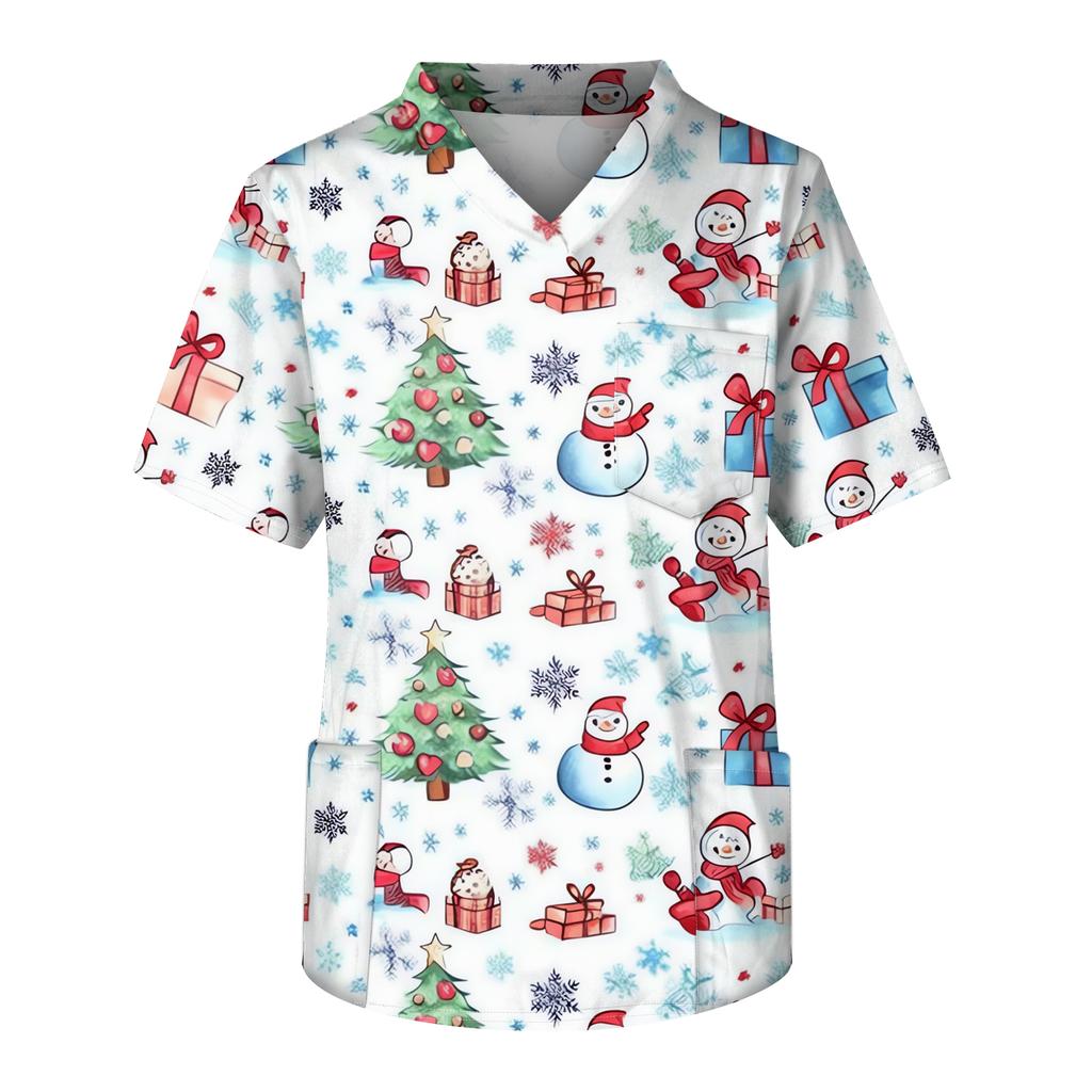 Men's Printing Short Sleeve V-neck Working Blouse Chest Pocket Carer Top