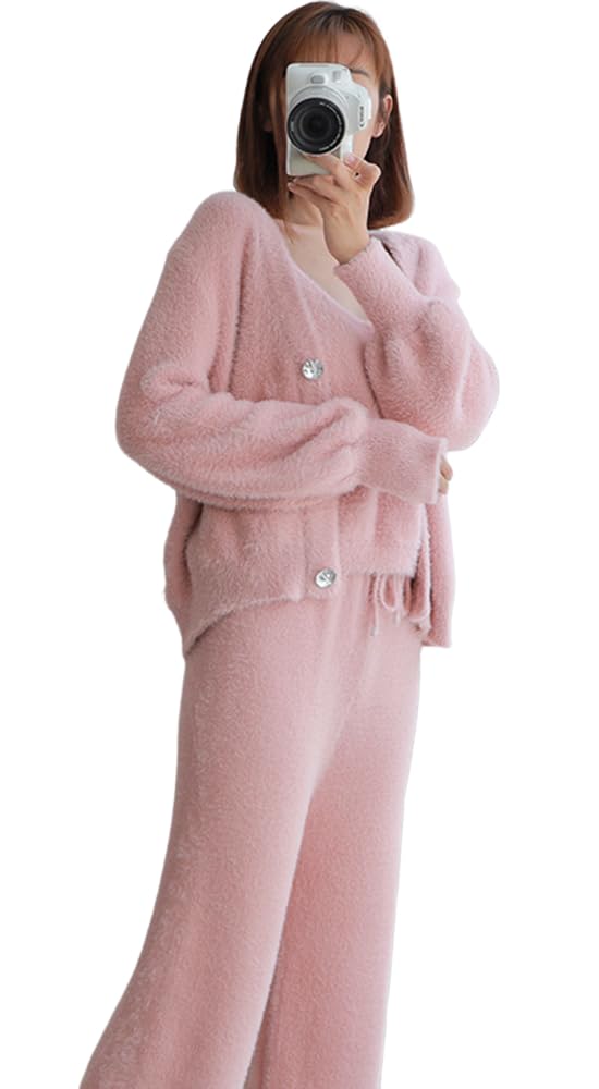 

RAVIR Зимний пушистый и милый пижамный комплект и майка и расшитый бисером длинный универсального размера женский домашний костюм, (Верх Низ), Комплект из 3 предметов, Вязаный, Розовый, розовый