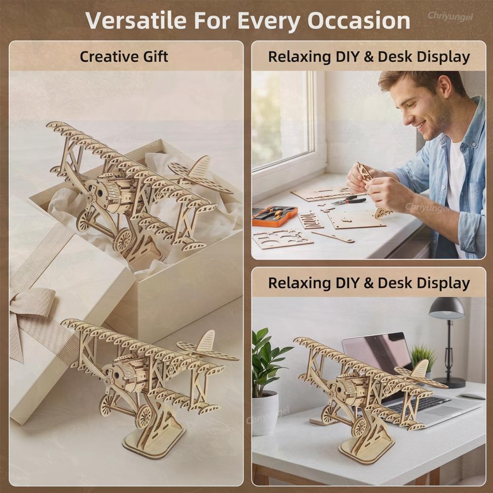 3D Wooden Puzzle Bi-Plane Aircraft Model Kits DIY Assembly 3D Puzzle for Adults Teens Brain Teaser Home Decor Crafts