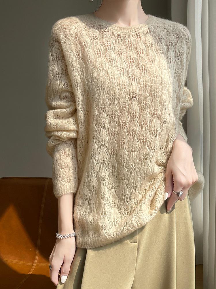 Crochet Hollow Knit Cashmere Sweater - Women's Autumn/Winter Round Neck Loose Fit