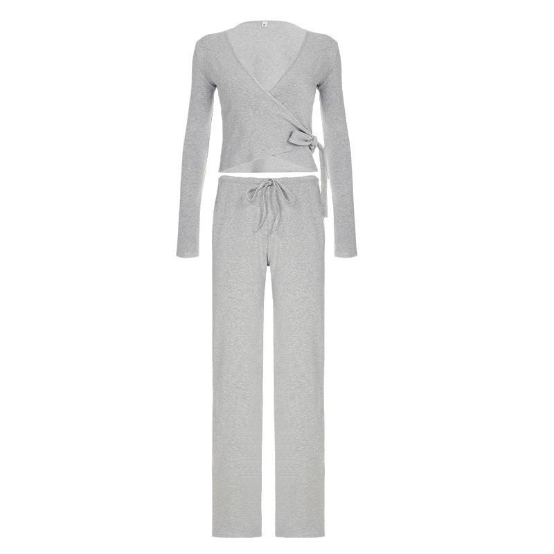 Frühling 2025 Europäisches & Amerikanisches V-Ausschnitt Langarm Top und Hosen Set: Modische, lässige Damenbekleidung