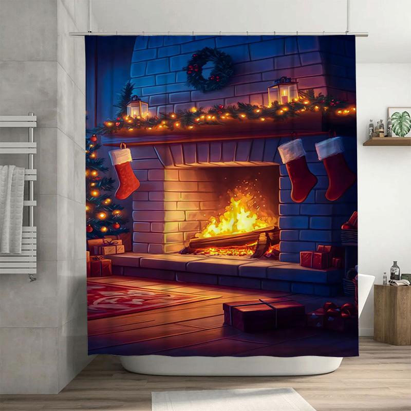 

Tuniu Cozy Christmas Cabin Fireplace Shower Curtain Rustic Lodge Winter Forest Holiday Decor Farmhouse Bathroom Set Festive Wood W60H190(CM)-1 Pcs