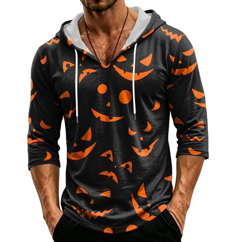 Men's Loose Fit Casual Hoodie Three Quarter Sleeve Pullover Halloween Themed Graphic Print Lightweight Top