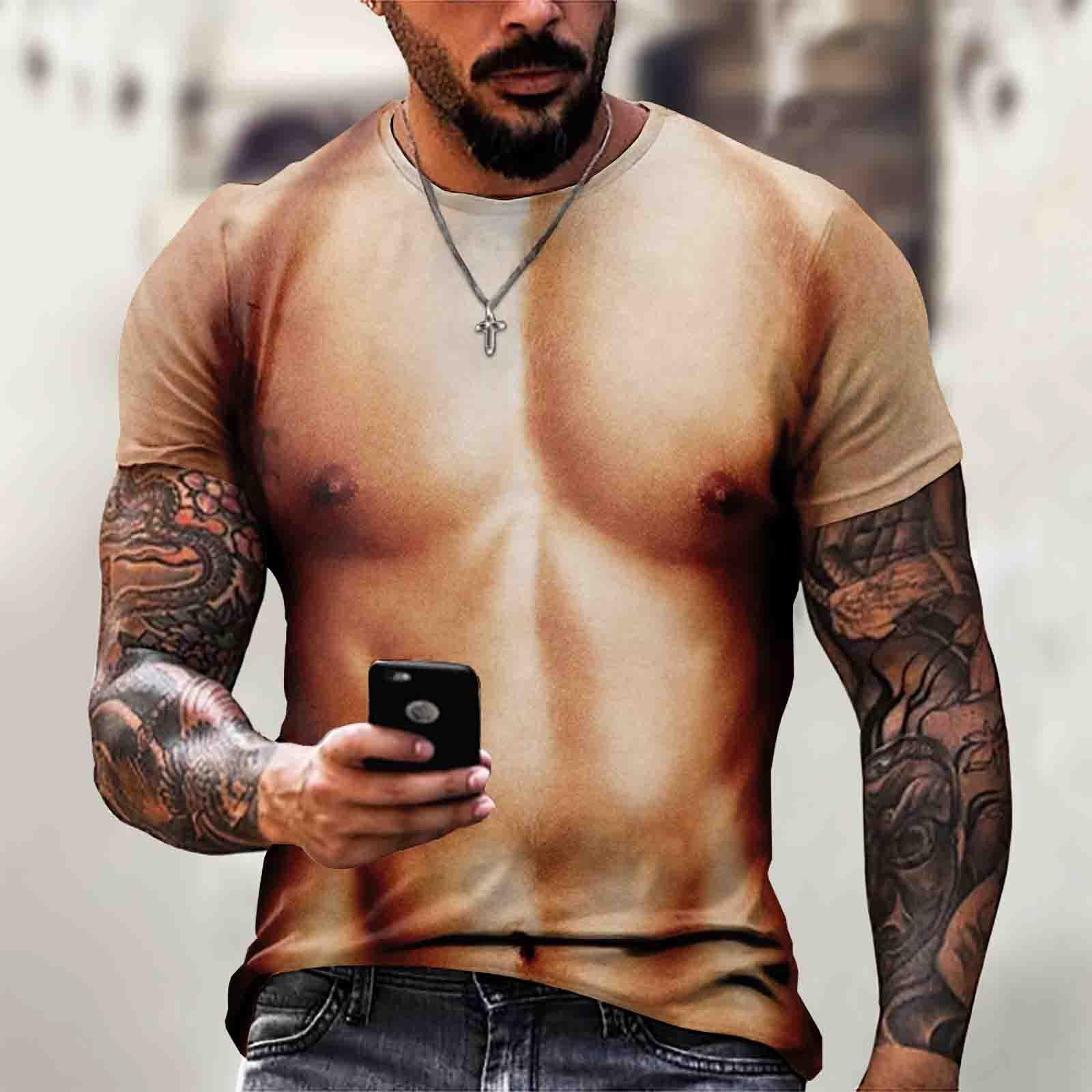 

Мужская футболка с короткими рукавами и 3d мышцами, повседневный пуловер с мышцами живота, топ с короткими рукавами L бежевый