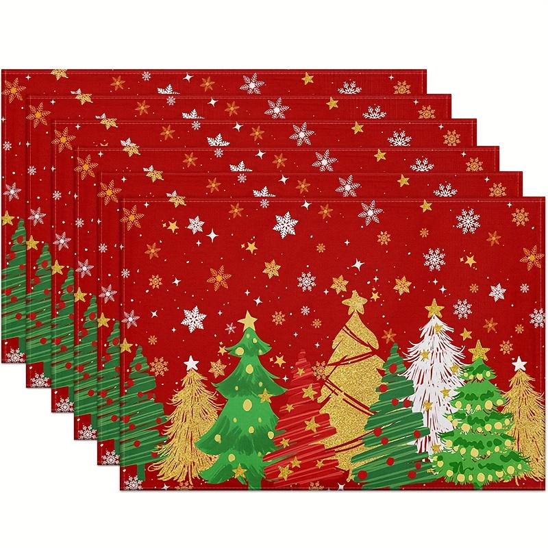 4pcs/6pcs, Christmas Tree Placemats, Snowflake And Christmas Tree Pattern Red Background Linen Table Mats, Suitable for Winter Dining Tables, Kitchens