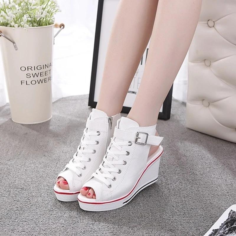 Fashion New Spring Summer Women's High Wedge Canvas Fish Mouth Shoes Korean Version of The Slope Open Toe Hollow Lace Up Canvas Shoes