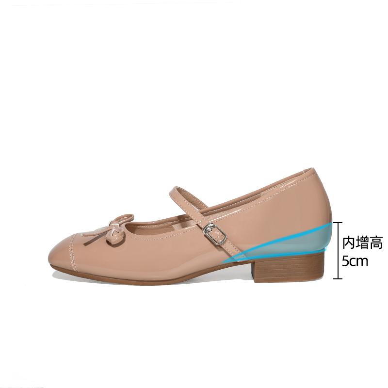 Fashion 2025 New Fashion Inside Heightened Bow Mary Jane Shoes Women's Square-Toe Shallow-Mouth Leather Summer Single Shoes