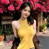 Korean wear Spice Girl style yellow slim-fitting sleeveless knitted vest women's outer wear I-shaped suspender top summer