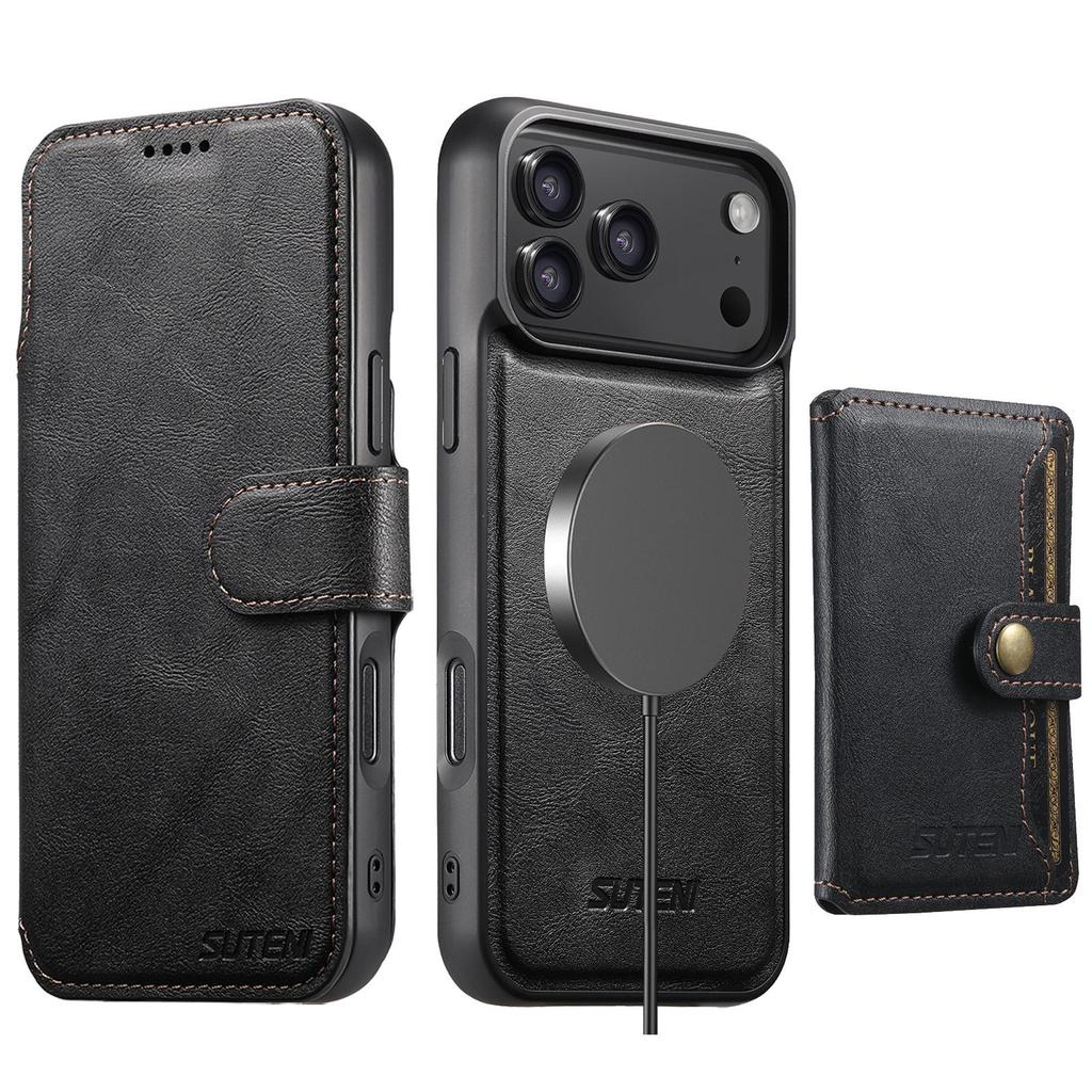 iPhone 17PM Flip Case with Card Slot & Magnetic Wireless Charging Stand - S26U Leather