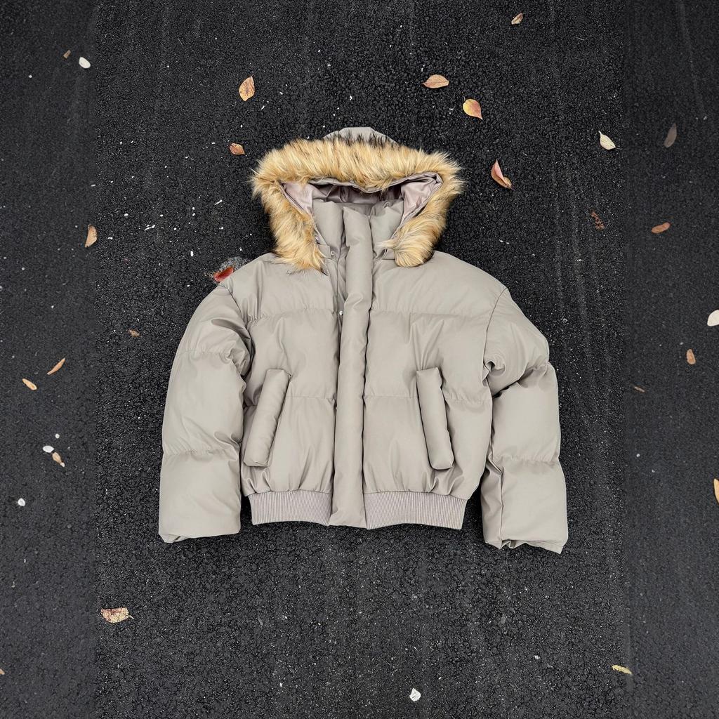 Jachetă puffer pentru bărbați cu glugă și blană artificială, scurtă, de iarnă, groasă, matlasată