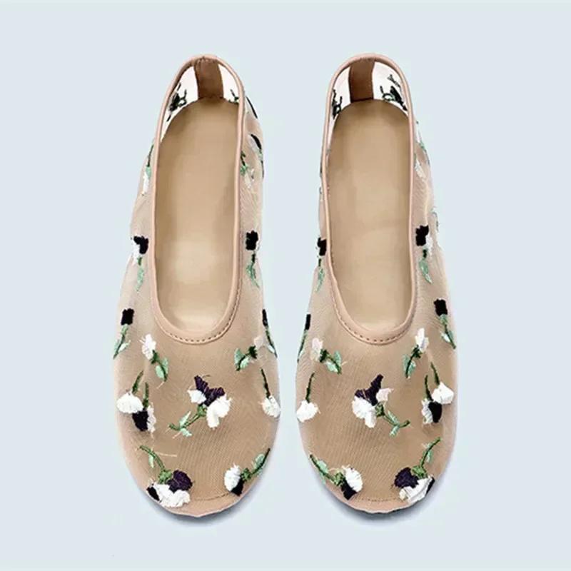 Fashion Hand Embroidered Flowers Designer Mesh Hollow Flats Ballet Shoes Women Summer Light Breathable Mary Jane Shoe Elegant Mules Shoe