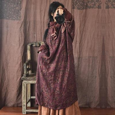 Women Linen Print Floral Dress O-Neck Long Sleeve Button Loose Clothes Autumn Vintage Chinese Style Dresses