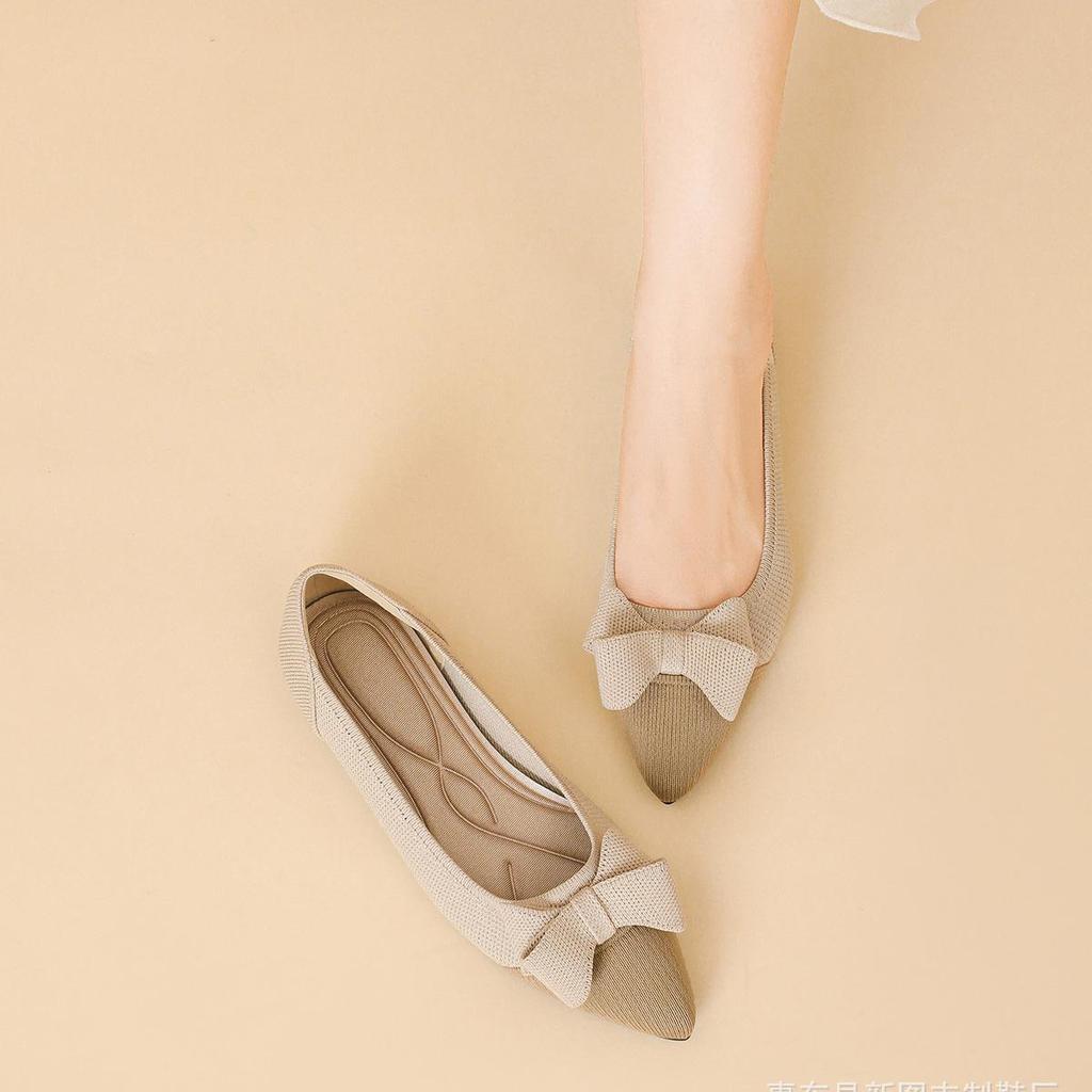 Punta Appuntita Bocca Bassa Tessuto Fondo Piatto Donna Fiocco Lavorato a Maglia Fondo Morbido Scarpe Grandi Taglia 34-43