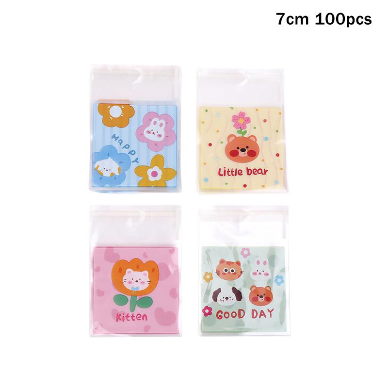 100Pcs 7X7+3Cm 10X10+3Cm Cute Cartoon Animal Printed Plastic Self-Adhesive Bags Cookie Biscuits Snack Package For Home Bakeries