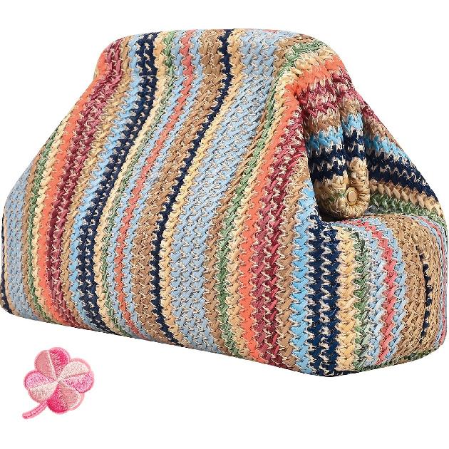 Woven Clutch Purses for Women, Summer Beach Crochet Striped Dumpling Bag Evening Handbag with Romantic Lucky Clover