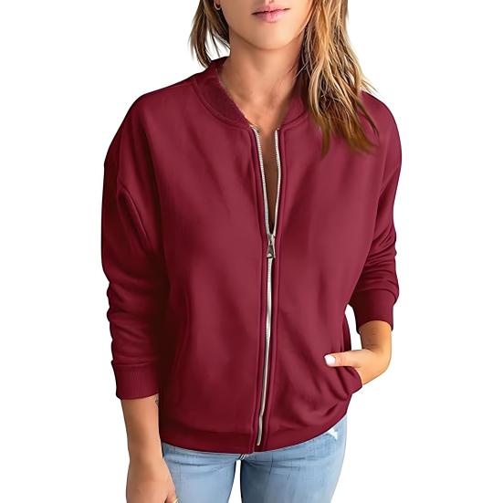 Women's Full Zip Up Jacket Spring Fall Long Sleeve Short Sweatshirt Casual Loose Outwear with Pockets