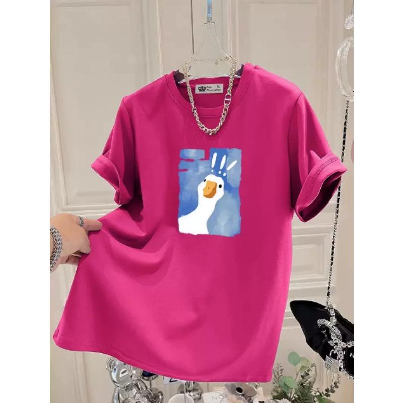 Cartoon Printed Short-sleeved T-shirt for Women In Summer New Fashionable Age-reducing Large-shoulder Pure Cotton Top