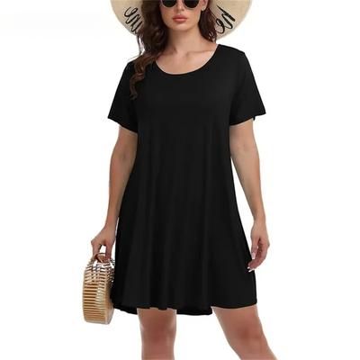 Damen Einfarbiges Lässiges Mini-Kleid Sommer Kurzarm O-Ausschnitt A-Linien-Kleid Mode Strandurlaub und Freizeitkleid Vestidos