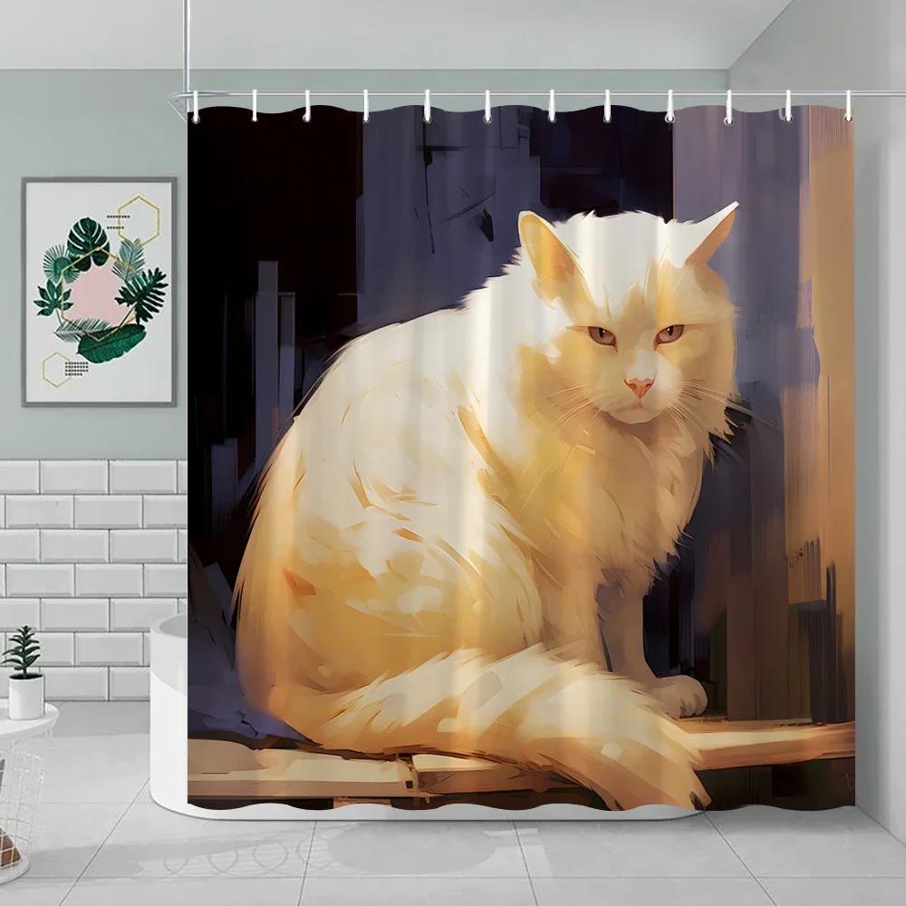 Asian Style Traditional Japanese Ink Painting Shower Curtain Vintage Cat Animal Cartoon Black Cat Silhouette Bathroom Decorative
