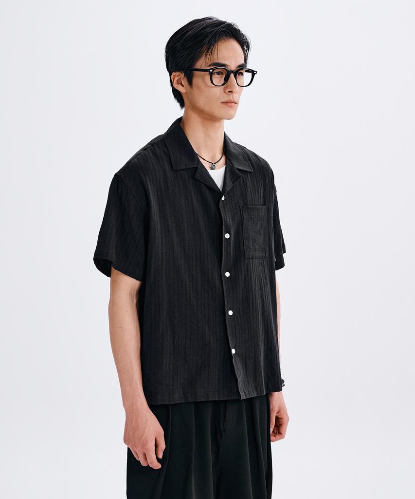 TAKEASY Crinkle Open Collar Half Shirt (Black)