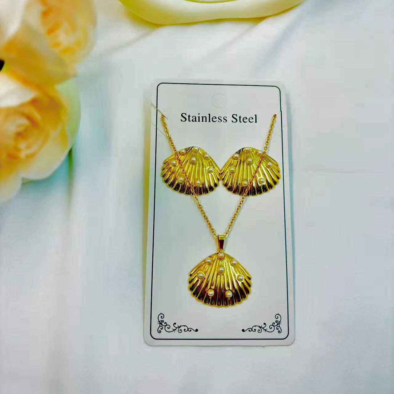 Gold-Plated Stainless Steel Pearl Necklace & Earrings Set
