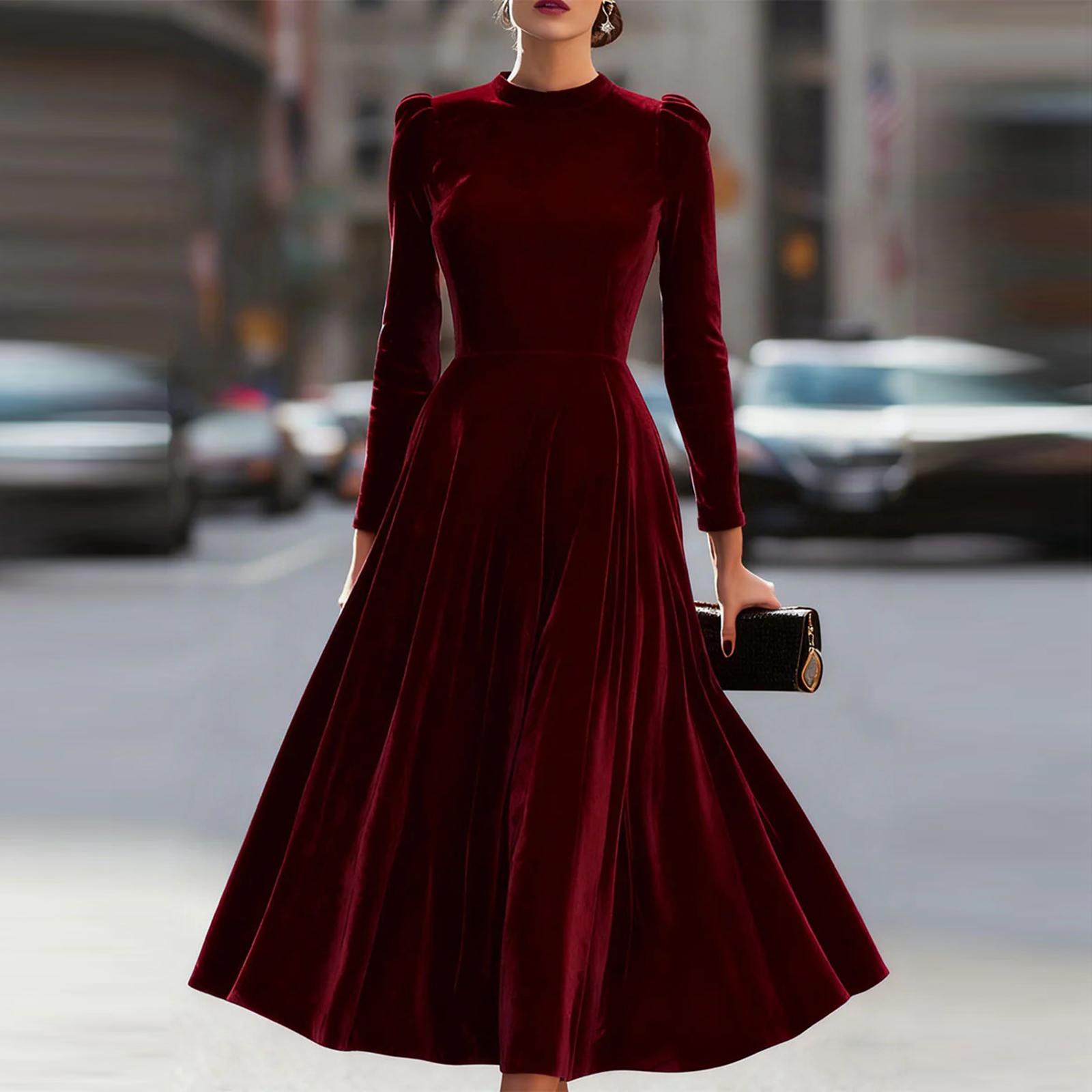 

Жіноча мода Повсякденна однотонна вельветова сукня з V-подібним вирізом та довгими рукавами XL винний