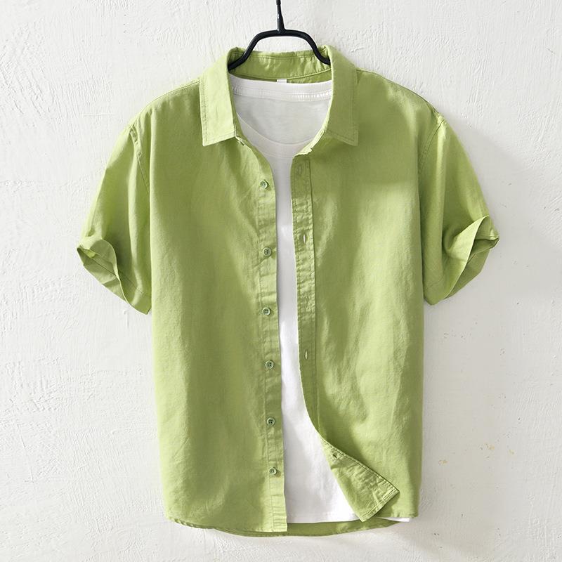 Classical Summer Shirt Male Turn-down Collar Cotton Linen Short Sleeve Shirt for Man Solid Color Button Casual Shirt Simple Style Clothing
