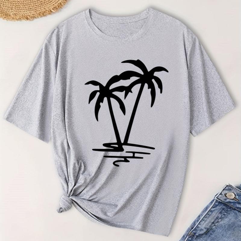 T-shirt Feminina da Moda Manga Curta Verão Estampa de Coqueiro Casual Tops