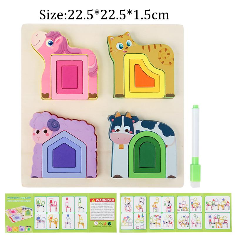 

Montessori Shape Matching Geometry Puzzle Board Toy 3D Rainbow Animal Puzzles Game Shape Cognition Educational Toys for Children