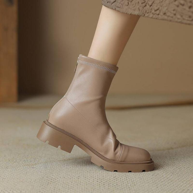 Autumn and Winter Round Head Women's Fashion Boots Medium Heel Large Size Back Zipper Women's Boots Square Heel Comfortable Platform Medium Boot