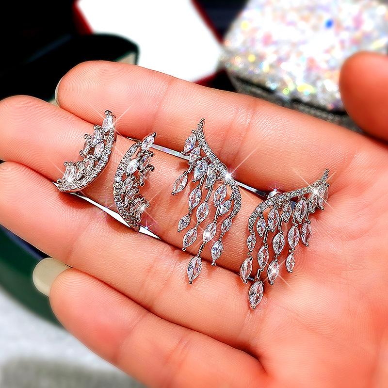 Exaggerated Horse Eye Diamond Angel Wings Ring Earrings Jewelry, Adjustable Ladies Ring