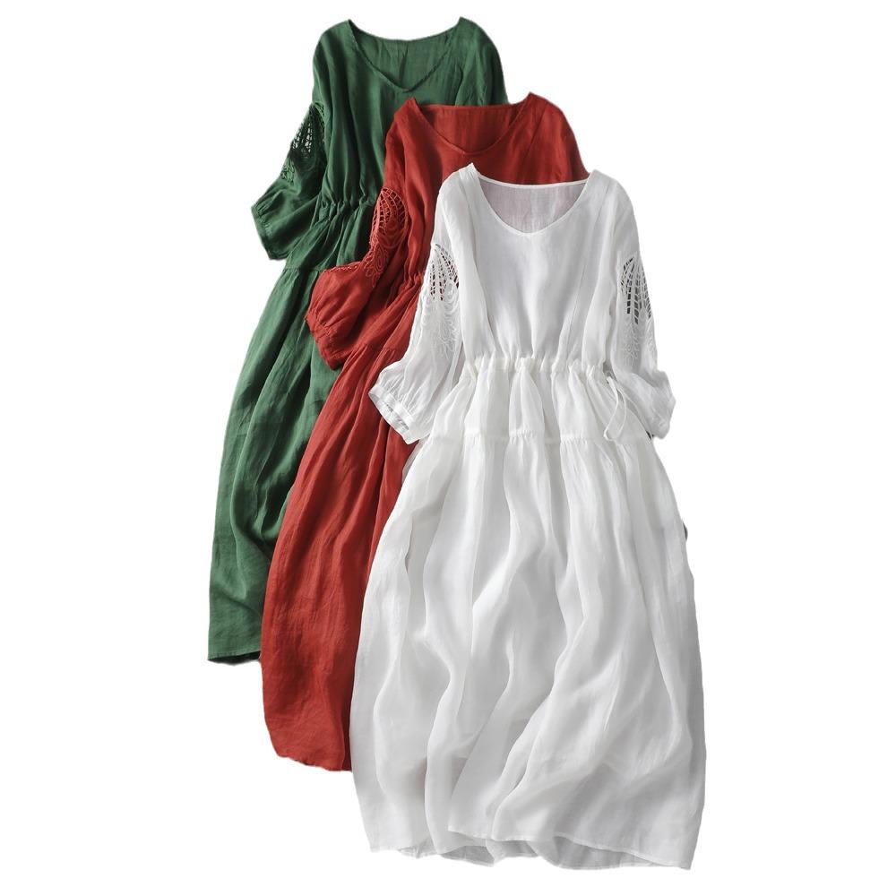 2023 Summer Ethnic Retro French Embroidered V-Neck Cotton Linen Long Dress