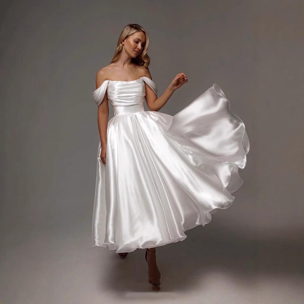 Dress Simple Temperament Spring and Autumn New One-word Shoulder Sleeveless Thin Advanced Texture Light Luxury Main Wedding Dress Medium and Long