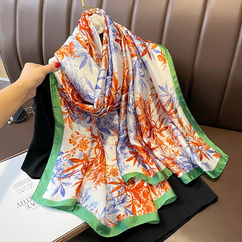 Painting Floral Design 100% Silk Feeling Scarf For Women 180X90Cm Shawl Wraps Luxury Female Hijab Headband Foulard Beach Stoles