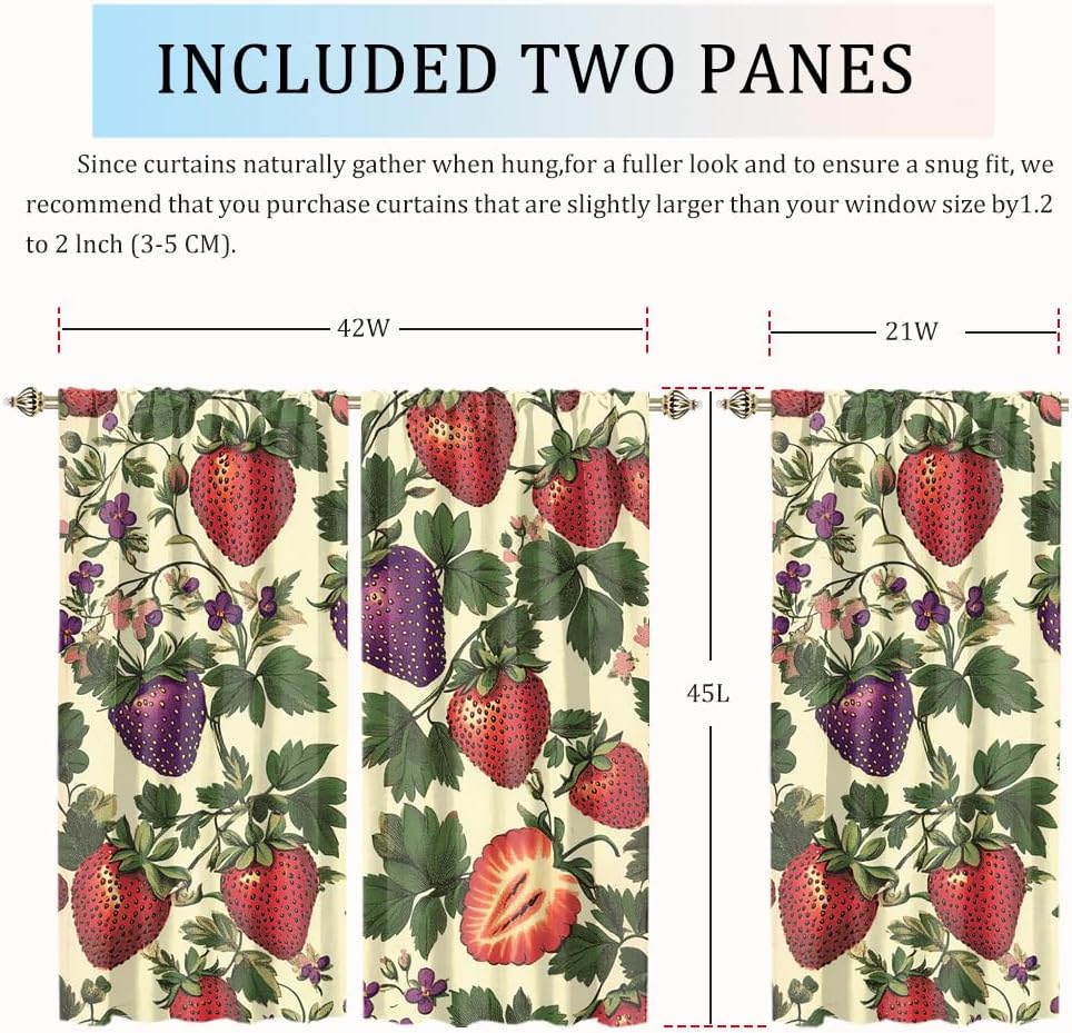 Cartoon Strawberries Curtains Bedroom,Vintage Tropical Fruit Strawberries Pattern Thermal Insulated Darkening Pocket Curtains
