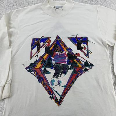Vintage 90s Ski L/S Mock Neck Shirt Mens Medium Snowboard 2-Sided Art Surf Tee