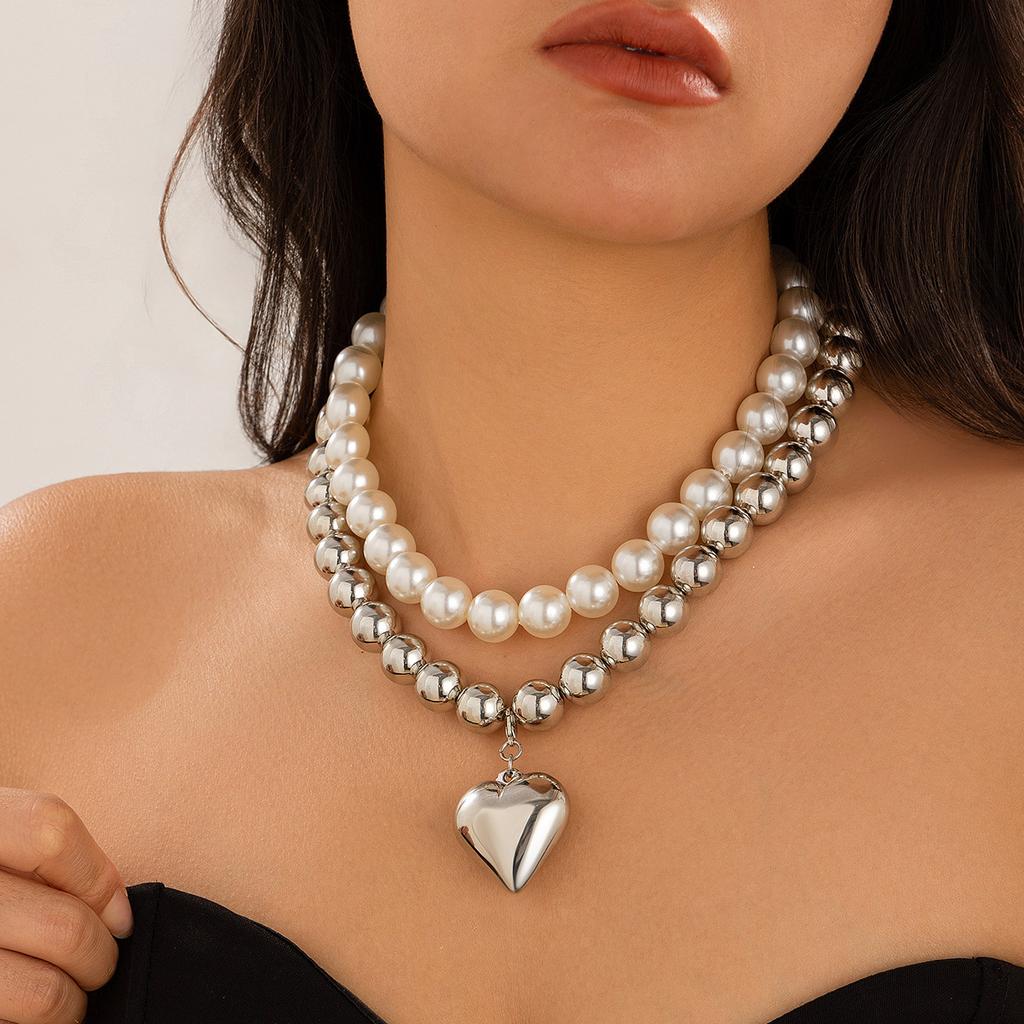 Personalized Cyberstyle Multi-layer Round Bead Peach Heart Necklace