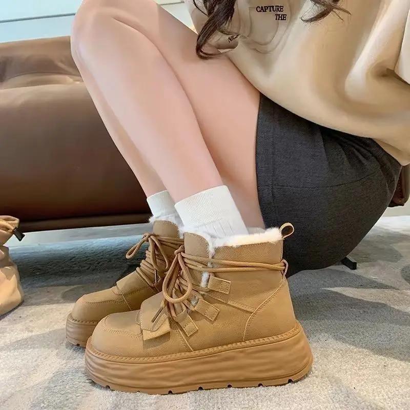 Fashion Lightweight Woman Shoes Lace-up Booties Non Slip Fur on Offer Plush Warm Chic and Elegant New Rock Sale Y2k Snow Boots for Women