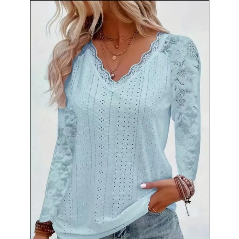 

Elegant Long Sleeved Lace Splicing Women Blouse Spring V Neck Loose Slim Fit Hollow Out Top Ladies Solid Color Fashion Office Casual Sweet Clothing XXL світло-синій колір