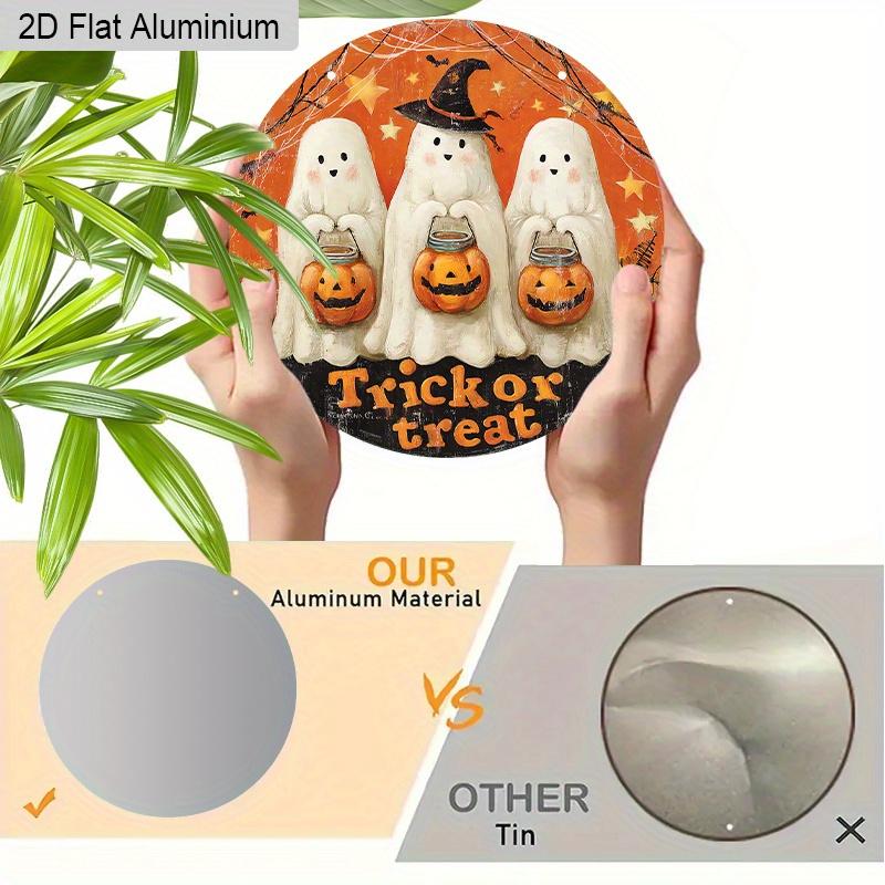 2D Flat Aluminium Halloween Sign with Adorable Ghosts Pattern - Trick or Treat Figurine Ornaments - Ideal for Front Door, Wall, Porch, Window Decor