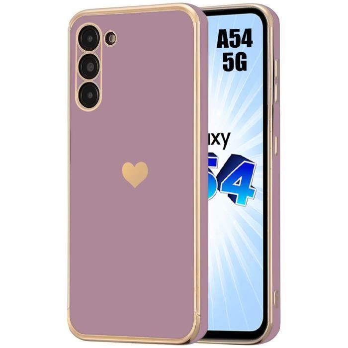 Coque de protection - Booling - pour Samsung Galaxy A54 5G - Silicone Hybride - Motif Cœur Doré - Violet