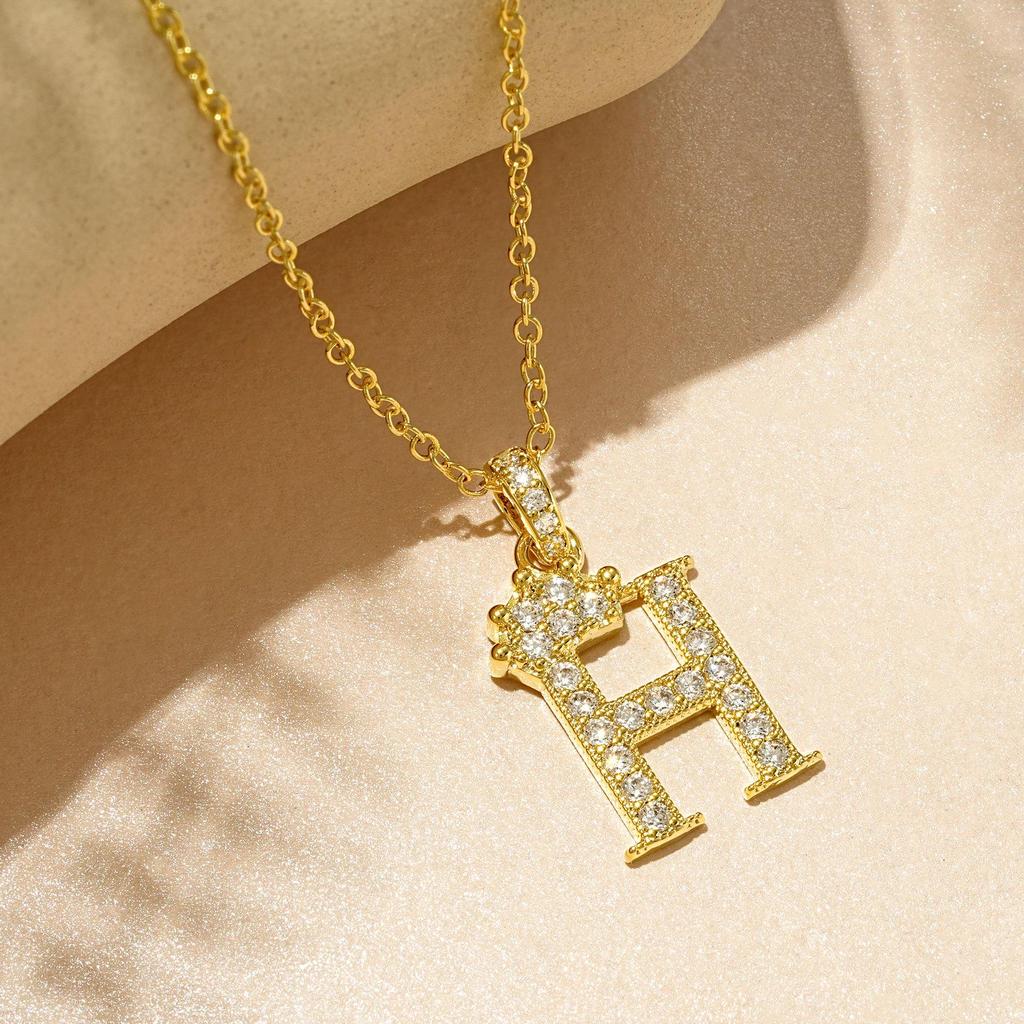 Gold-Plated Zircon Crown Letter Pendant Necklace - Women's Versatile Choker