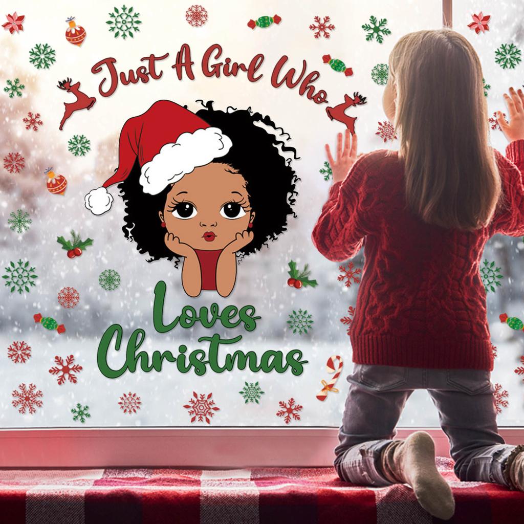 Christmas Window Sticker, Black Girl, Children's Room Wall Sticker, PVC Self-adhesive Material, Festive Atmosphere, Snowflake Window Sticker