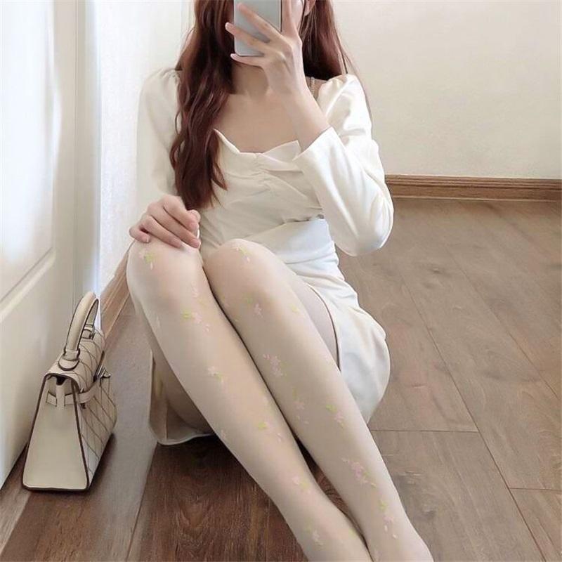 Pink pattern floral pantyhose Japanese sweet girl soft girl stockings pure desire milky white bottoming stockings long stockings