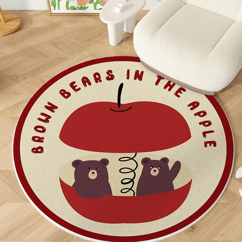 Cute Cartoon Animal Round Area Rug with Bear Dog Patterns and Text Designs Floor Mat for Kids Room Living Room Home Decor