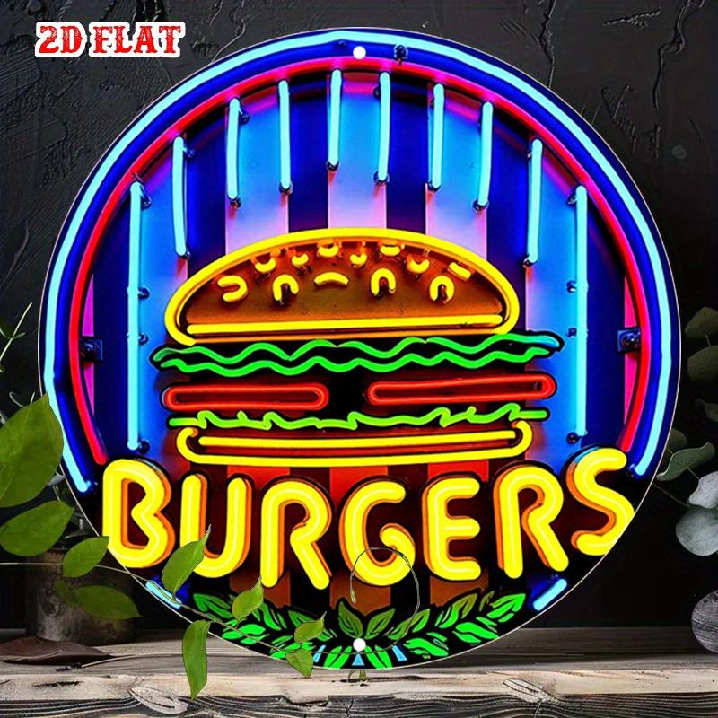 D Flat pc Retro Neon styleintheDark Burger Sign Round Aluminum Metal Wall Art Vintage Diner Style with Vibrant Colors