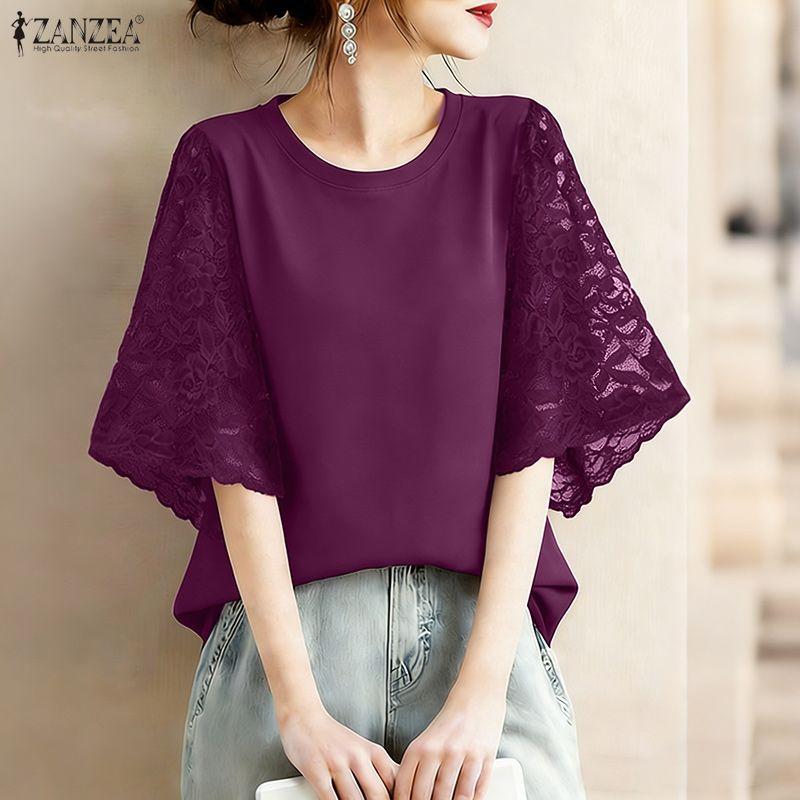 ZANZEA Blusa Casual de Mujer con Cuello Redondo y Encaje en la Manga Media