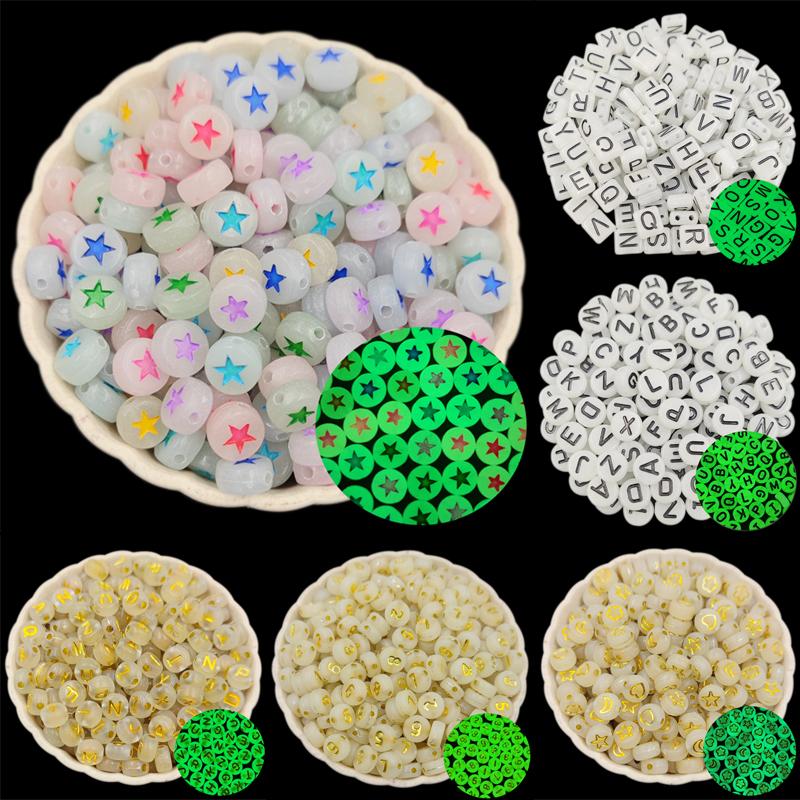 40/80 Stück 7/8/10 mm leuchtende Buchstaben, Zahlen, Sterne, Mond, lose Perlen, DIY-Handwerk für die Herstellung von Schmuck, Halsketten, Armbändern