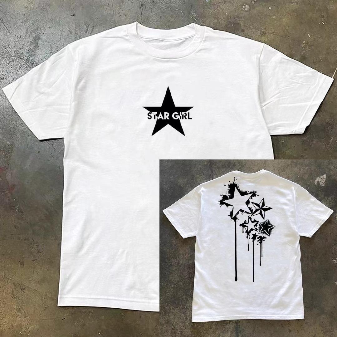 

Pure Cotton Printed White Roundneck Shortsleeved Tshirt Loose Fit Star Pattern Unique and Niche Trendy on Instagram S